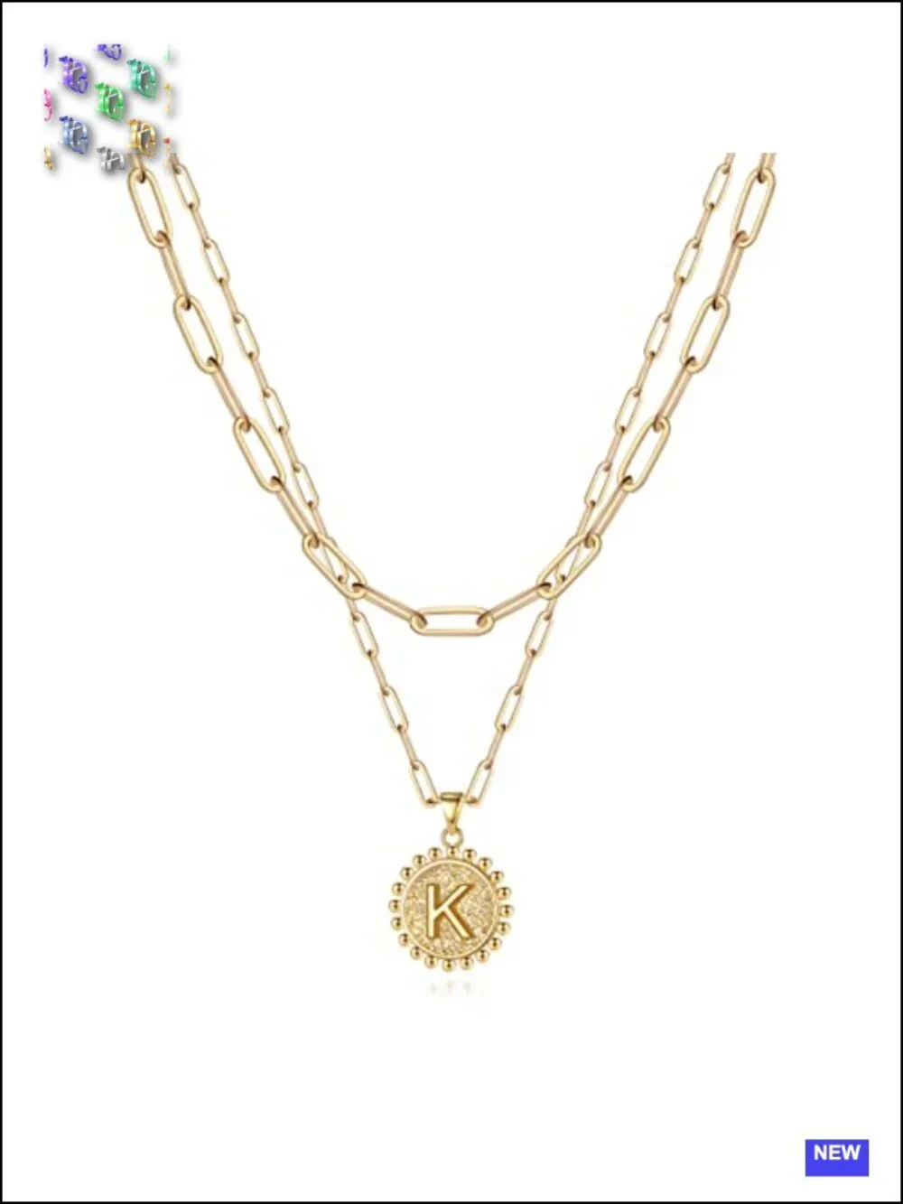 14K Gold-Plated Layered Initial Necklace with Paperclip Chain, Dainty Pendant